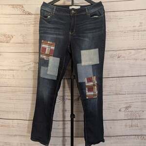 C 1946 Denim Jeans Womens 12 Dark Wash Patchwork Plaid Stripe Straight Leg Boho